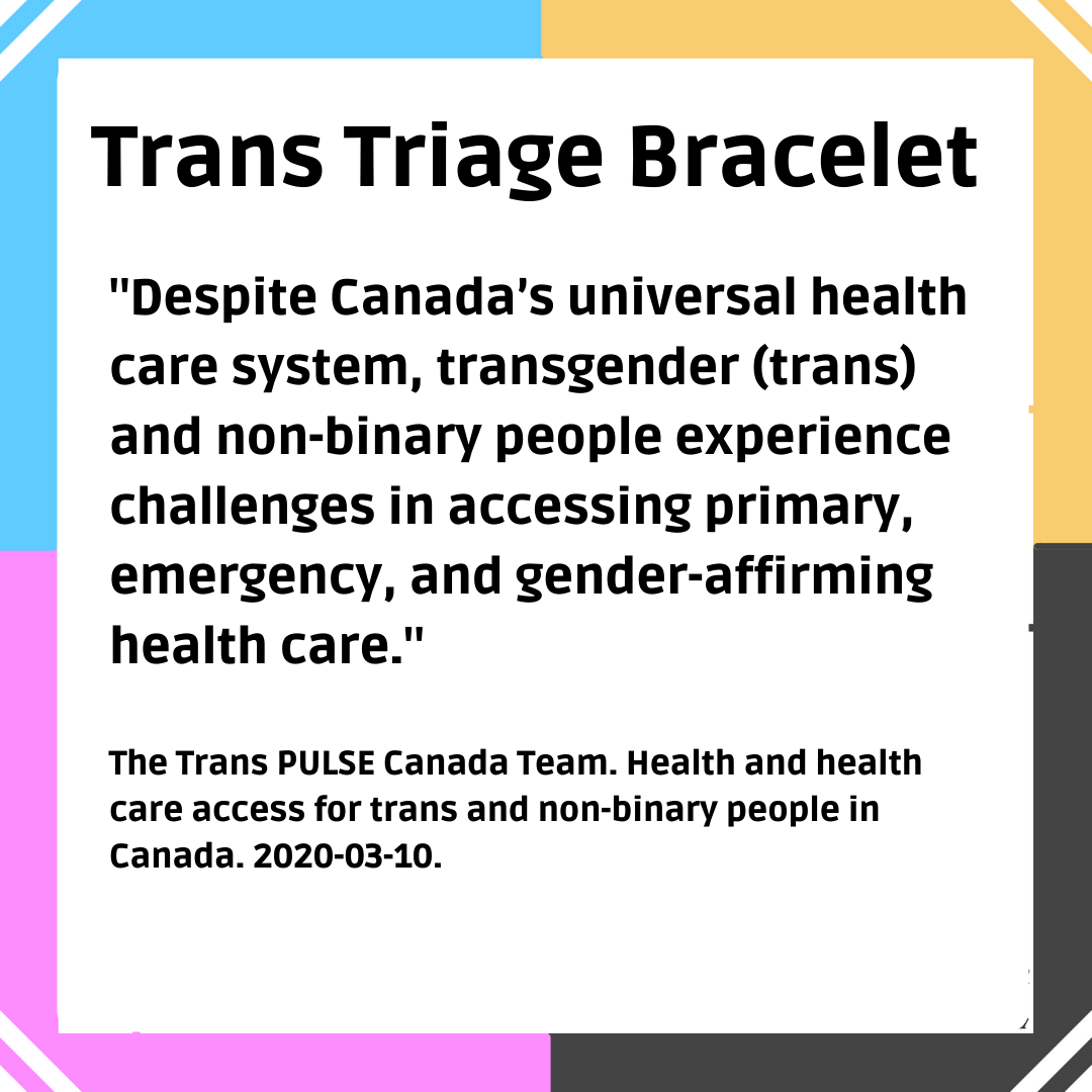 Text: Trans Triage Bracelet. "Despite Canada's universal health care system, transgender (trans) and non-binary people experience challenges in accessing primary, emergency, and gender-affirming health care." From The Trans PULSE Canada Team. Health and health care access for trans and non-binary people in Canada. 2020-03-10.
