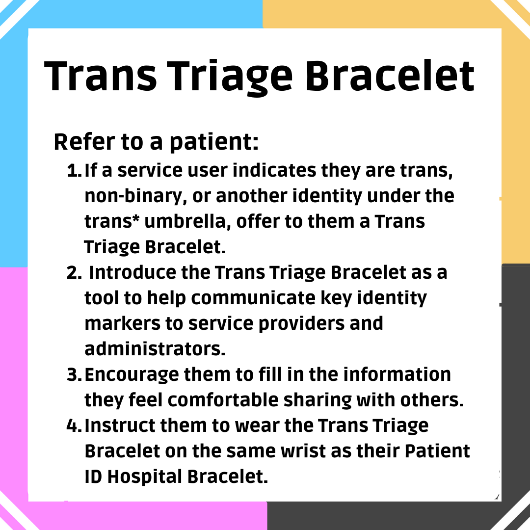 Text: Trans Triage Bracelet. Refer to a service user: 1. If a service user indicates they are trans, non-binary, or gender non-conforming, offer to them a Trans Health Card. 2. Introduce the Trans Health Card as a tool to help communicate key identity markers and gender-specific health information to service providers and administrators. 3. Encourage them to fill in the information they feel comfortable sharing with others. 4. Instruct them to present the Trans Health Card whenever they use their Ontario Health Card.